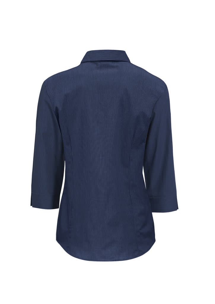 A navy blue women's micro check button-up shirt with 3/4 sleeves, featuring a back view and a small logo.