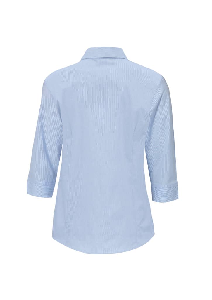 A blue women's micro check 3/4 sleeve button-up shirt, featuring a classic collar and back yoke.
