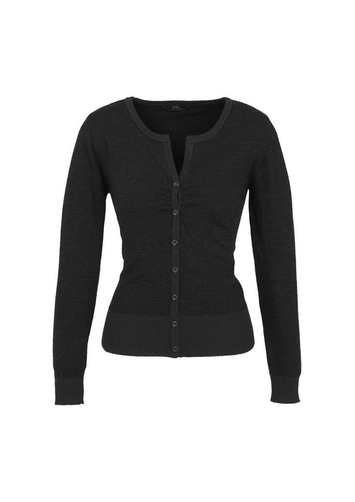 A women's black Merino cardigan featuring a button-up front and long sleeves, with a fitted design.