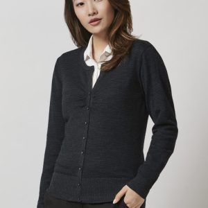 A black merino cardigan with a button-down front, featuring a fitted silhouette and long sleeves. It has a logo.