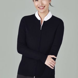 Women’s 2-way zip cardigan in black, featuring a sleek design and a white collared shirt underneath.