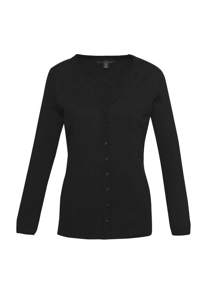 A black women's Milano cardigan featuring a V-neck and button closure, with long sleeves and a fitted design.