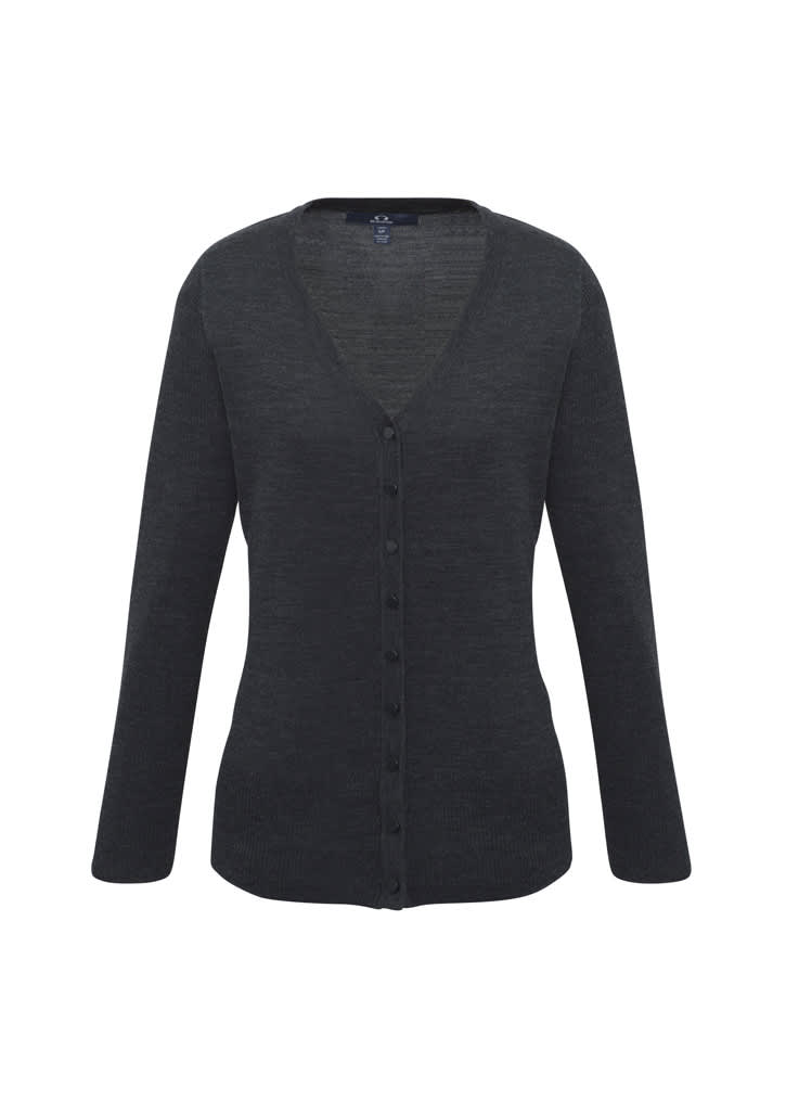 A charcoal grey women's Milano cardigan featuring a v-neck and buttons down the front. It has a logo on the label.