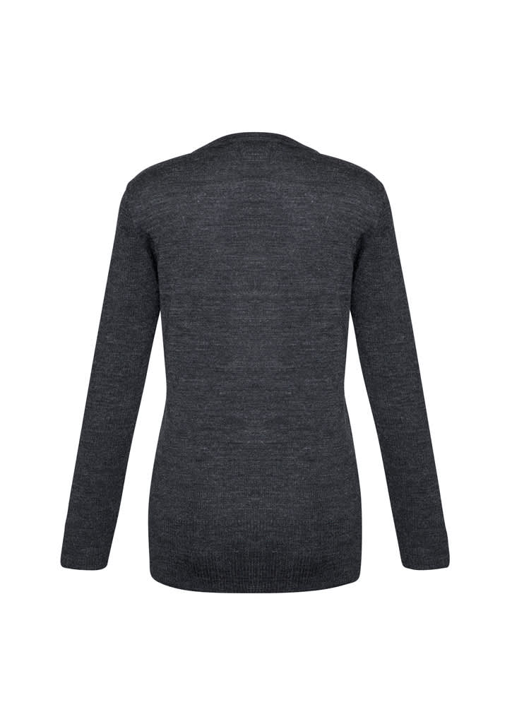 A dark grey women's Milano cardigan featuring long sleeves and a simple design, with a logo on the back.