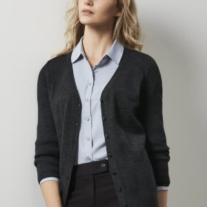 A dark charcoal cardigan with a V-neck and buttons, worn over a light blue shirt, featured on a model.