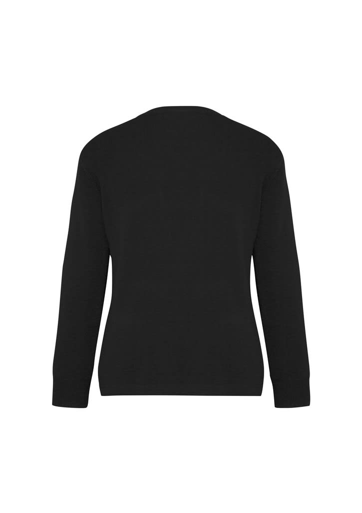 A black women's woolmix cardigan featuring long sleeves and a simple back design. It includes a branding logo.