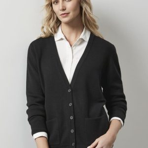 A black women's woolmix cardigan with a V-neck, buttons down the front, and two pockets.