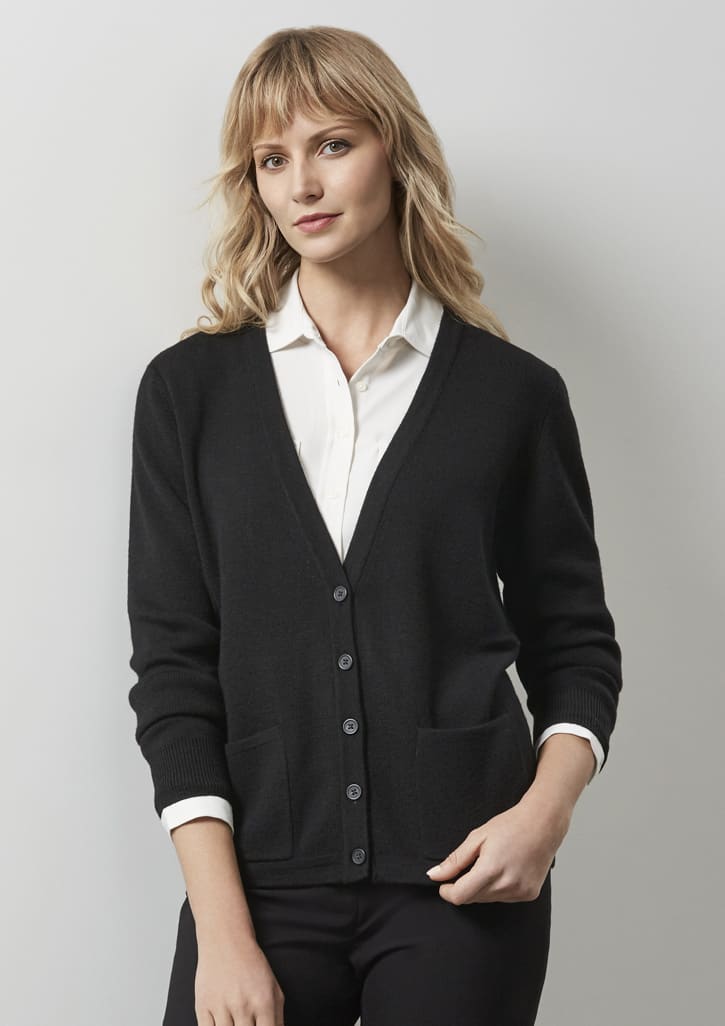 A black women's woolmix cardigan with a V-neck, buttons down the front, and two pockets.