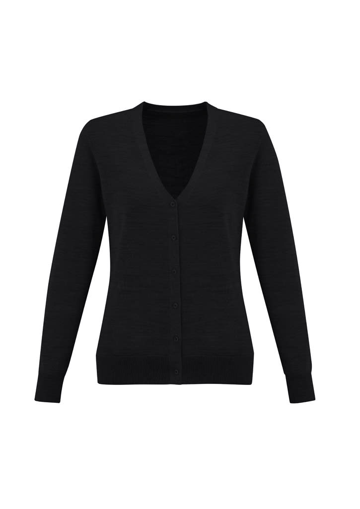 A black women's knitted cardigan featuring a V-neck and button front closure. The sleeves are long and fitted.