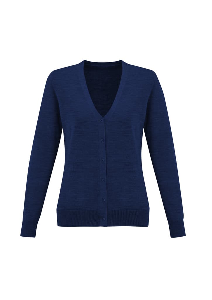 A navy blue women's cardigan featuring a V-neck and buttons down the front, with long sleeves and ribbed cuffs.