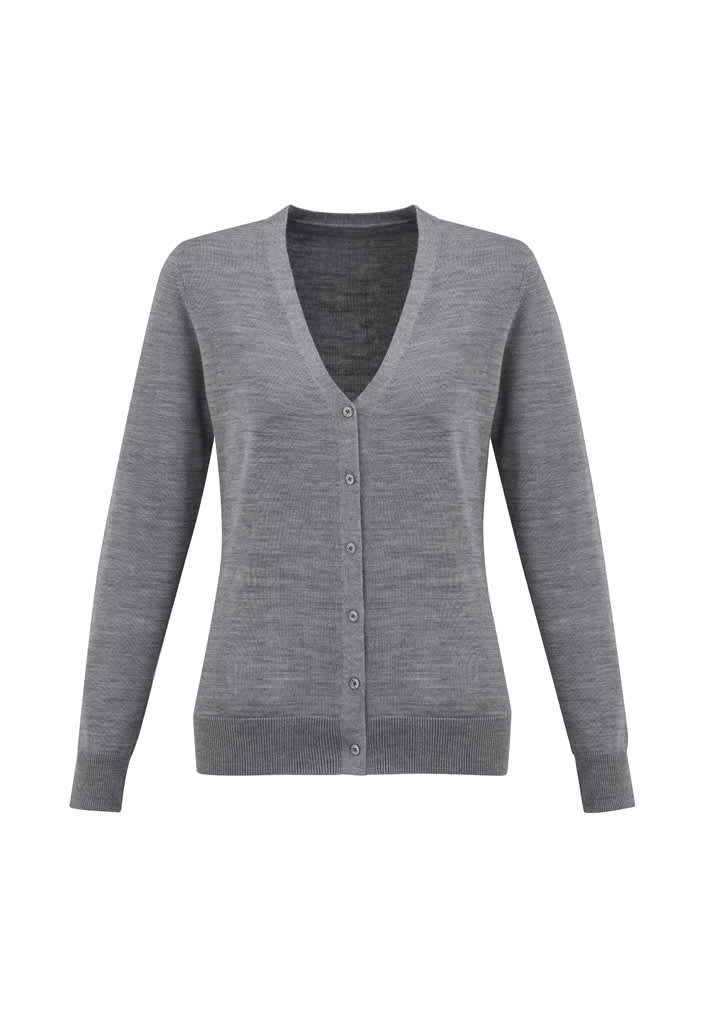 A women's grey knit cardigan with a V-neck and button front, featuring long sleeves and a fitted design.