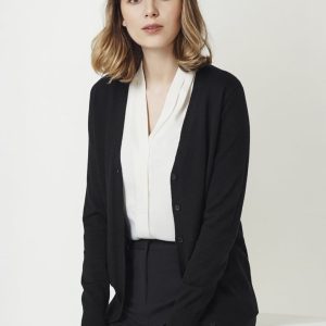 A black women's cardigan featuring a button front and a soft knit texture, worn over a white blouse and black trousers.