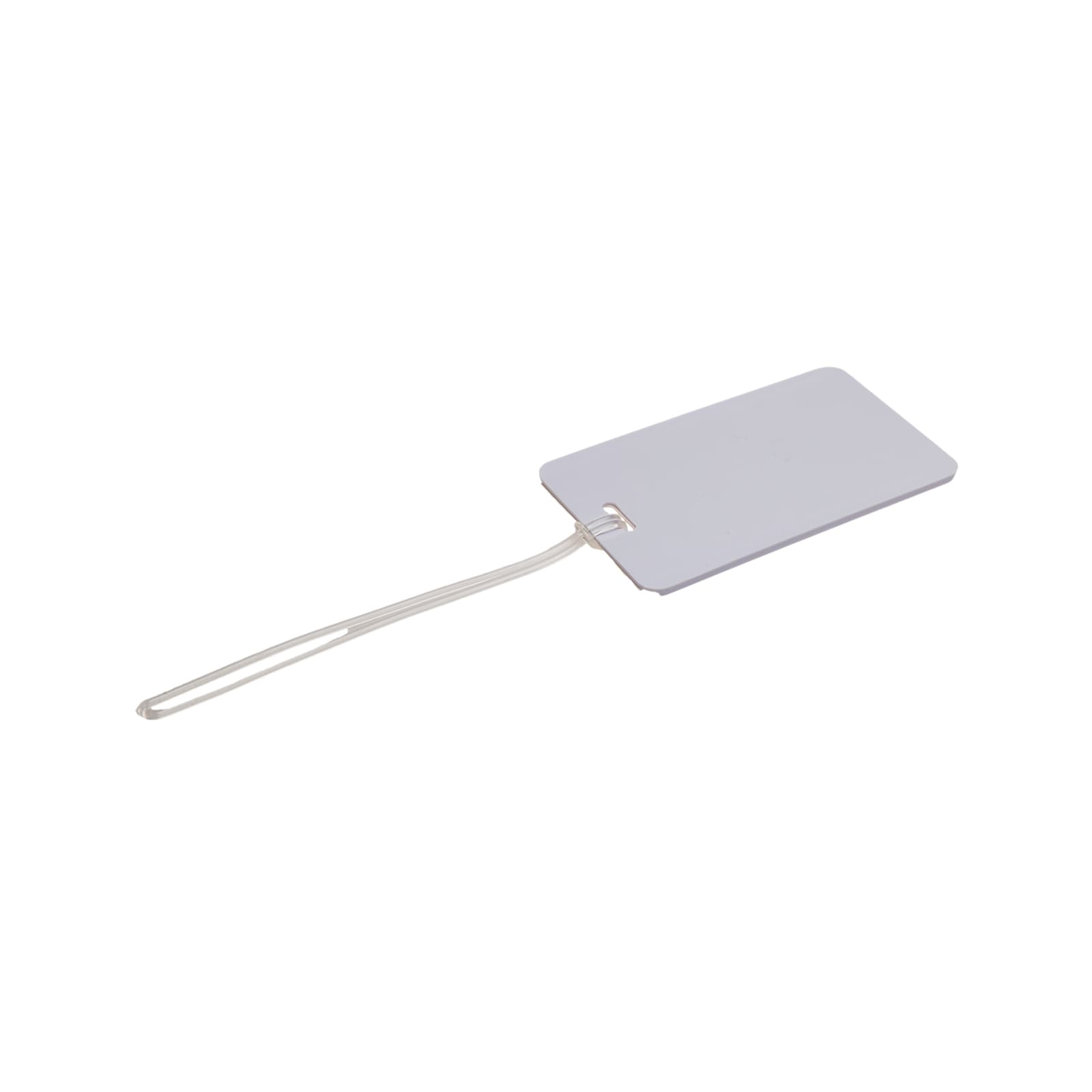 A white luggage tag with a clear attachment loop, featuring a simple rectangular shape.