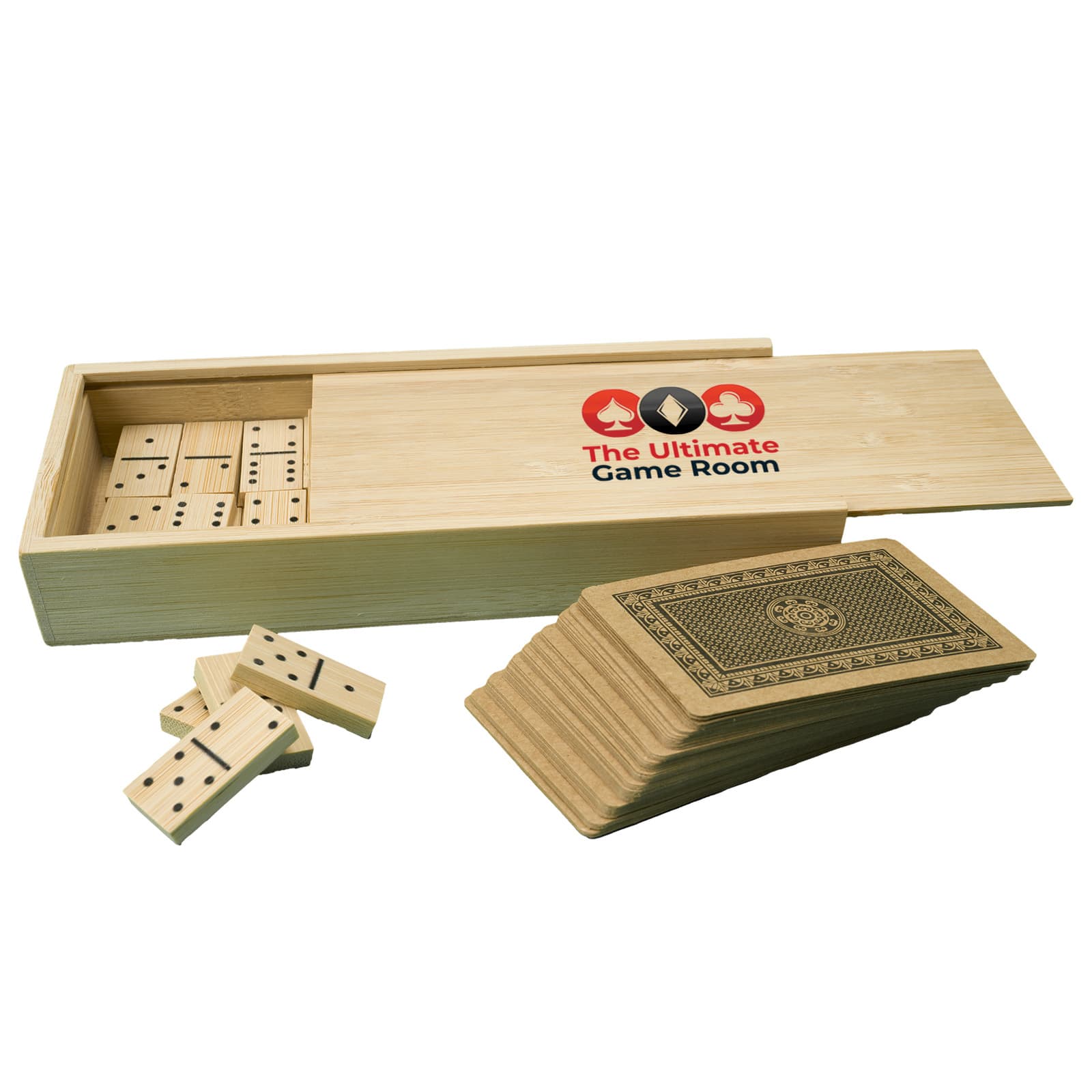 A wooden game box containing a set of dominoes and playing cards, branded with 