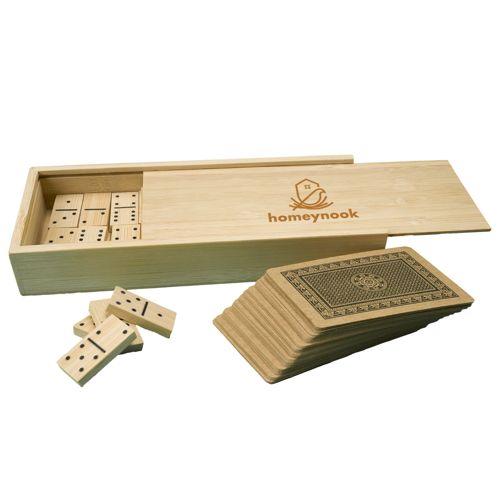 A bamboo storage box containing dominoes and a deck of playing cards, featuring a logo on the box.