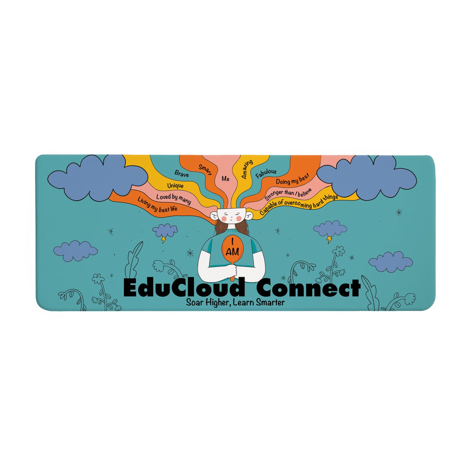 A colorful desk mat featuring illustrations of clouds and a character with vibrant rainbow streams, promoting 