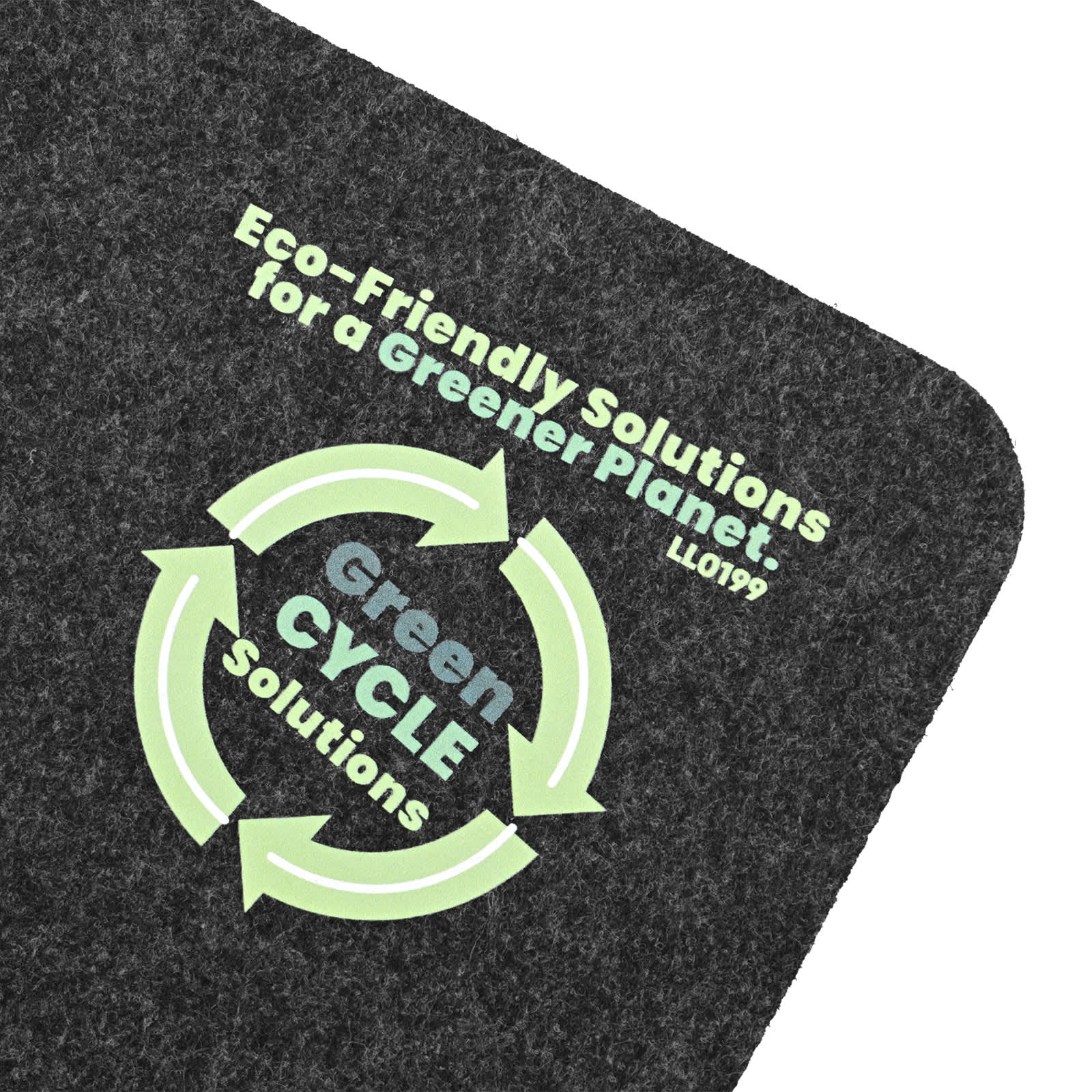 A gray desk mat featuring a circular green recycling symbol and the text 