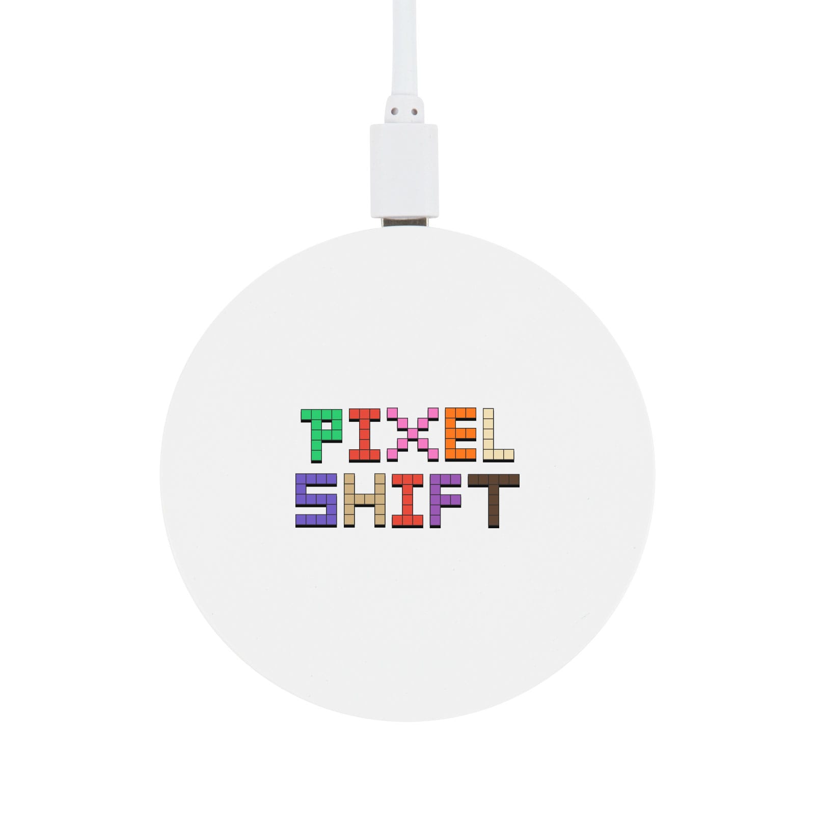 A round wireless charger featuring a white surface with the text 