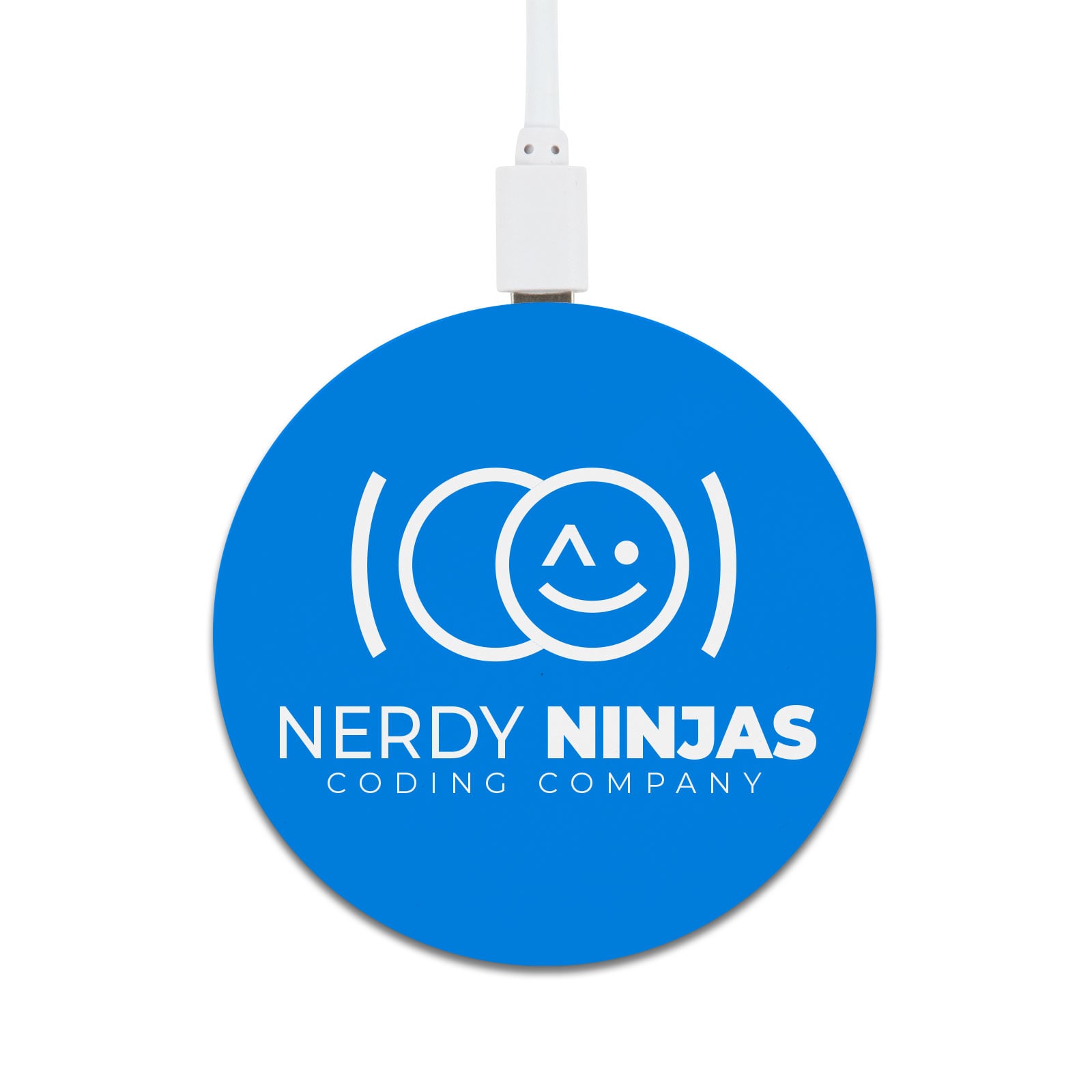 A round blue wireless charger featuring the logo of 