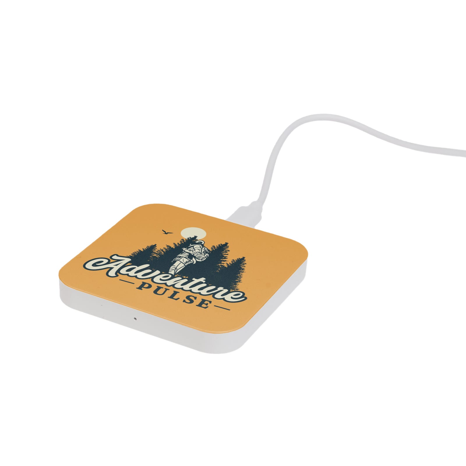 A square yellow wireless charger with a white base, featuring a logo and illustration of trees and a figure.