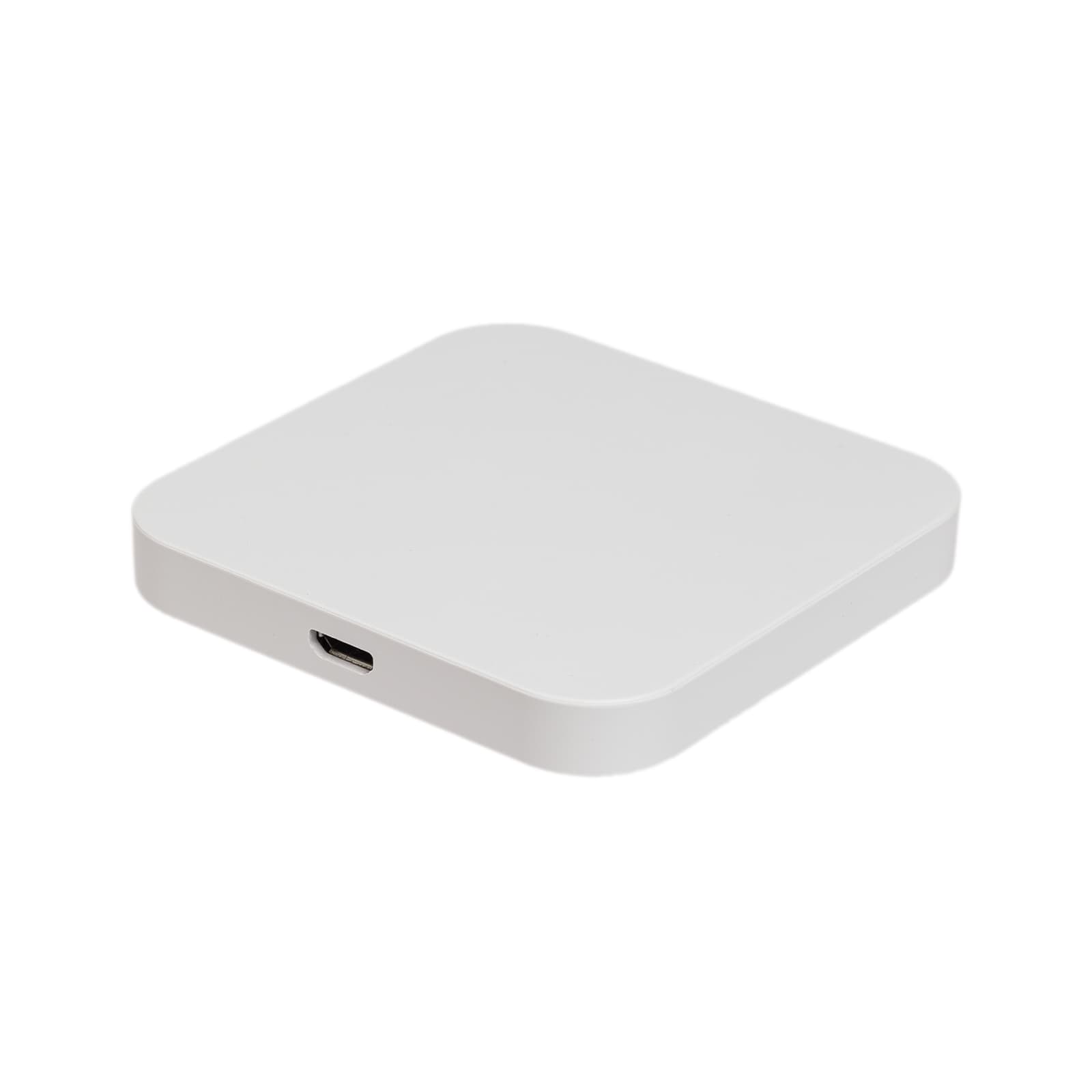 A wireless charger featuring a sleek, square design in white, with a single USB-C port on one side.