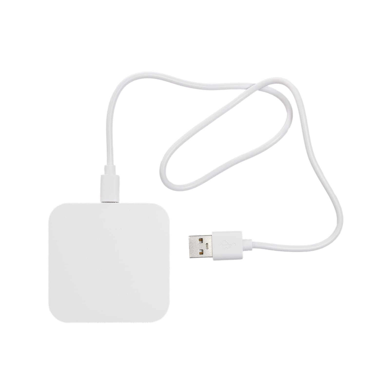 A wireless charger with a square design, featuring a white surface and a USB connection cable.