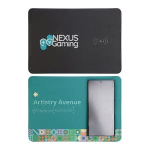 A black wireless charger mouse pad with a logo and a turquoise section, featuring a smartphone placed on top.