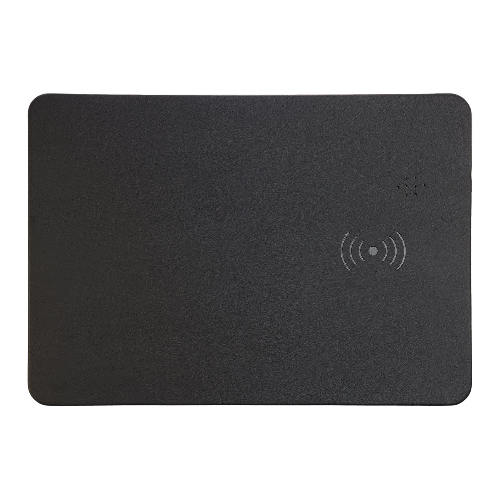 A black wireless charger and mouse pad with a logo, featuring a smooth surface and a simple design.