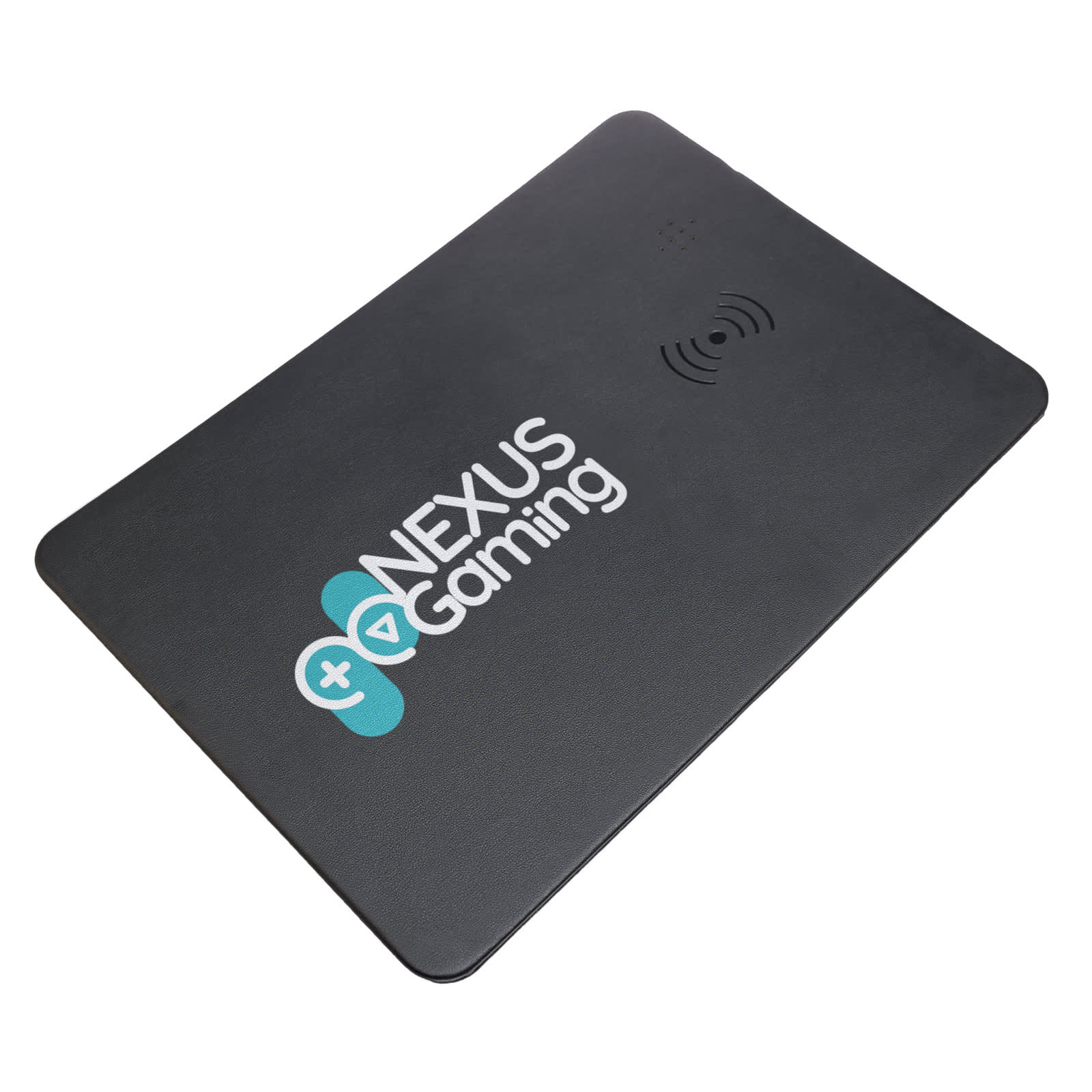 A black wireless charger and mouse pad featuring a logo design. It has a smooth surface and wireless charging capability.
