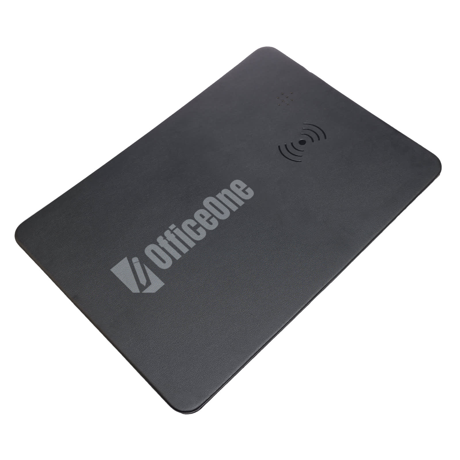 A wireless charger and mouse pad combination in a sleek black design, featuring the logo 
