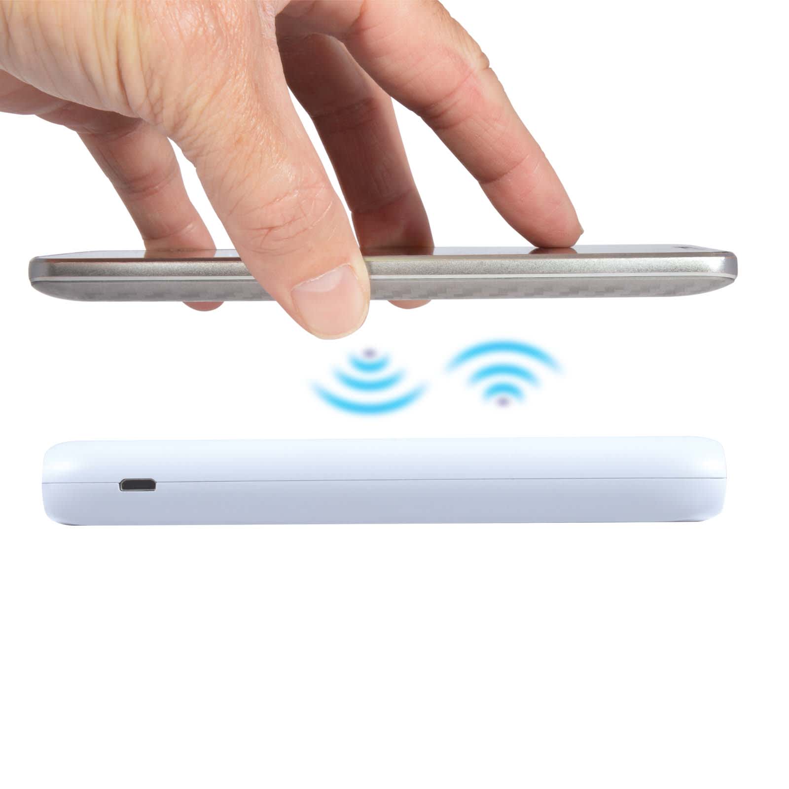 A hand hovering over a white wireless power bank, with an indication of wireless charging in blue above it.