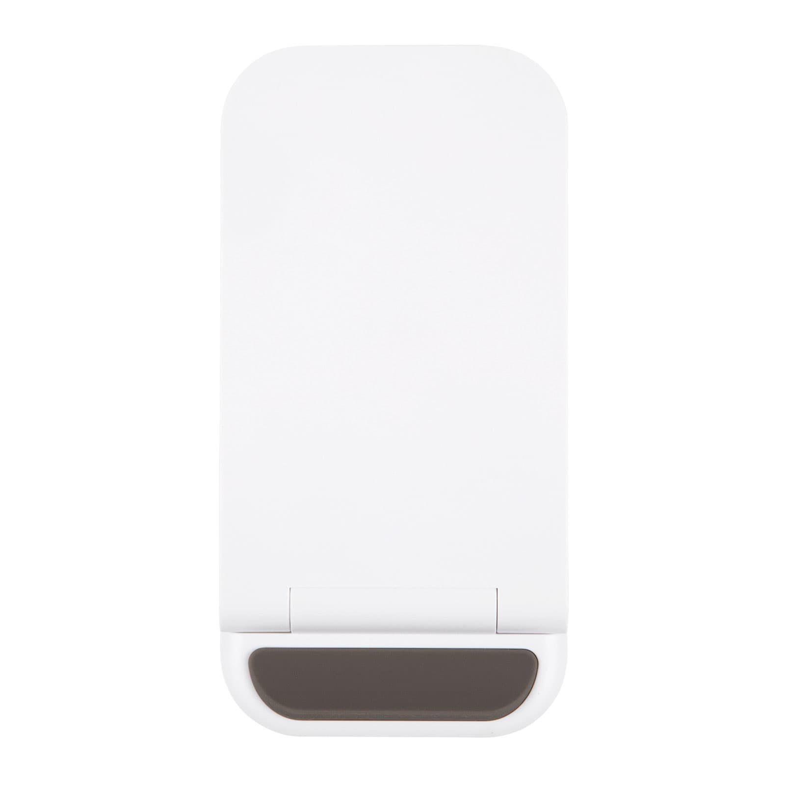 A white wireless charger with a sleek design and a dark grey base. It features a logo on its surface.