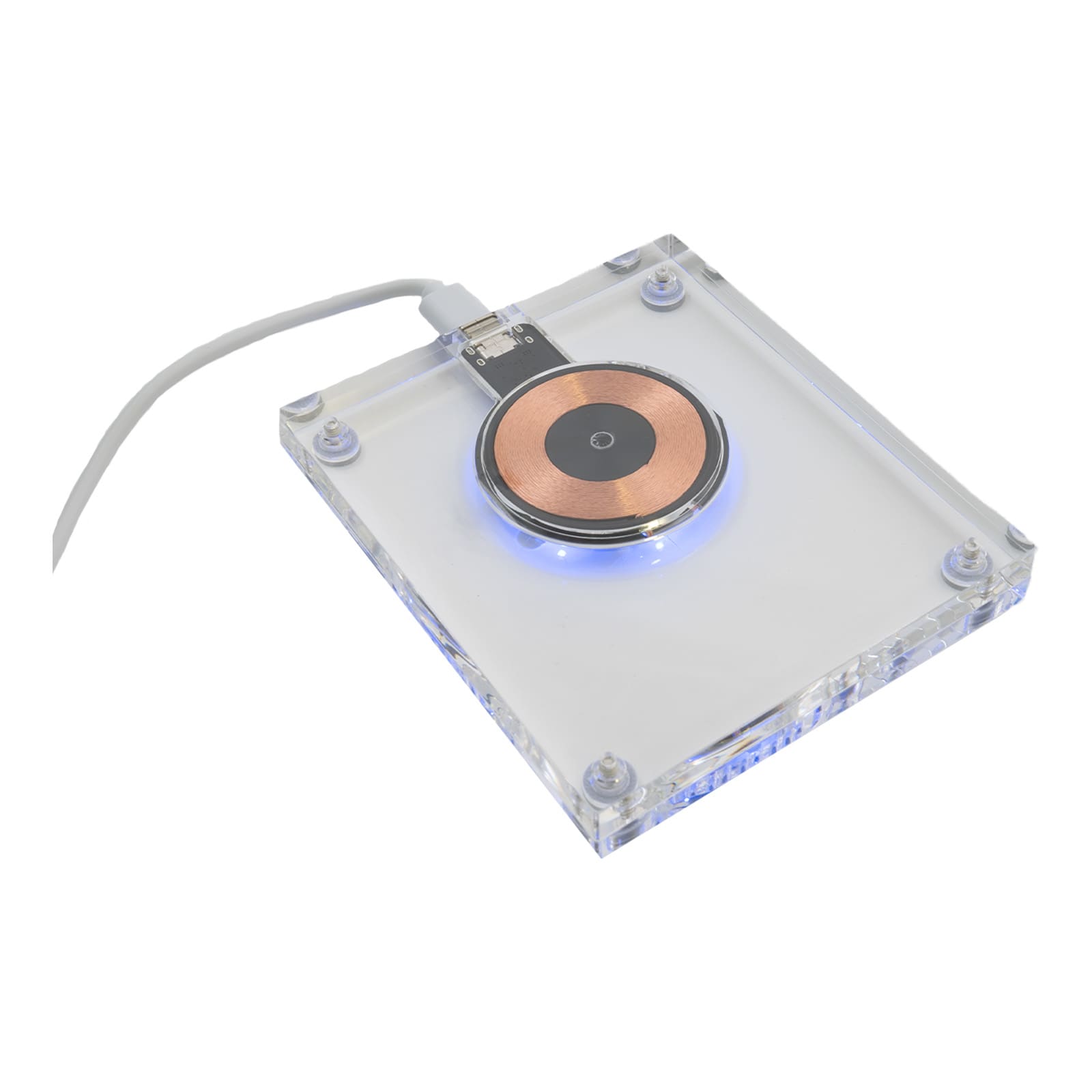 A crystal-clear wireless charger features a circular charging pad with a copper center and blue lighting.