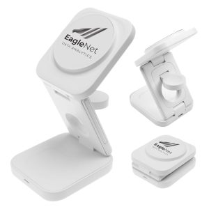 A 3-in-1 wireless charger in white and black, featuring a foldable design and a branding logo.
