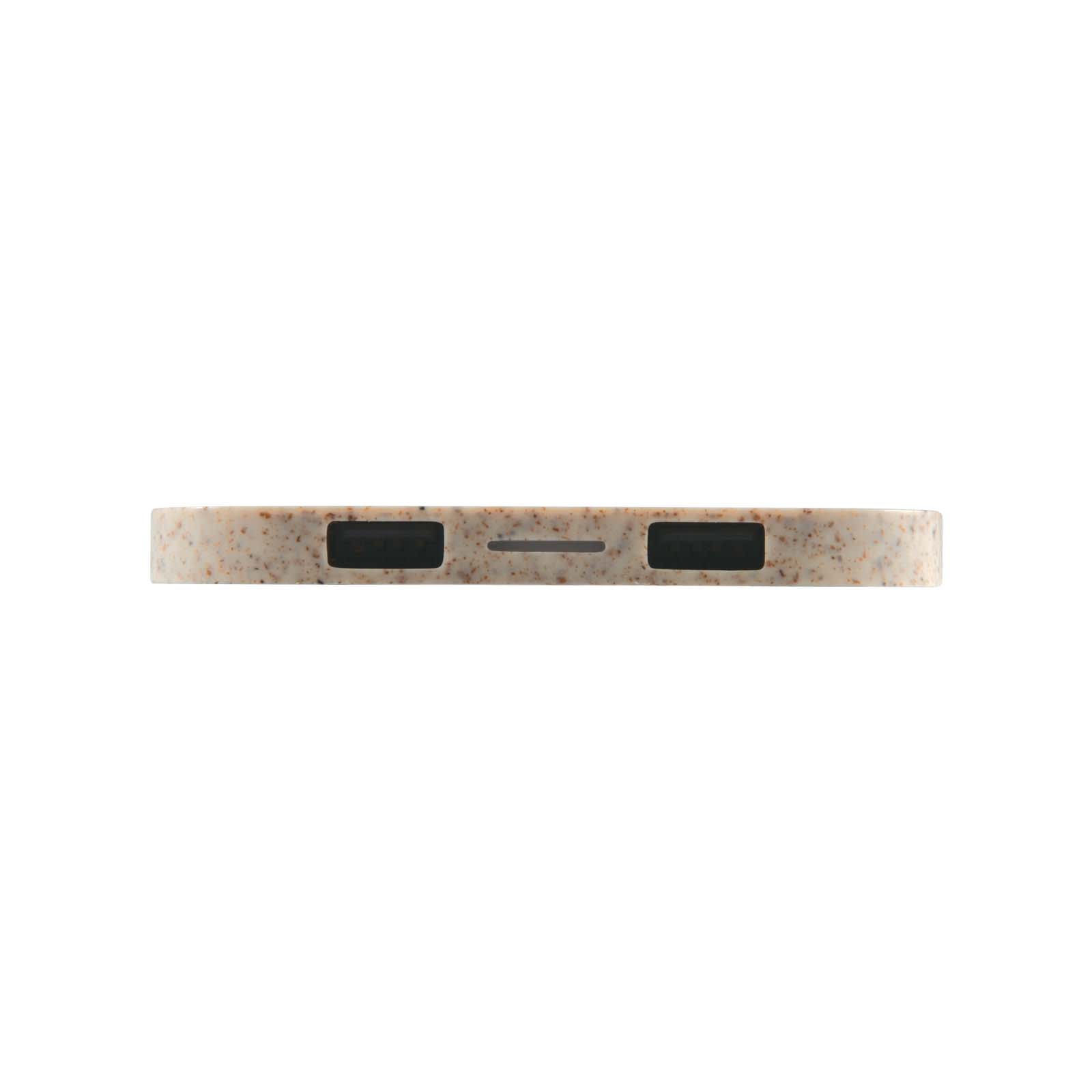 A wireless charger hub in a light beige color with textured surface and USB ports on the side.
