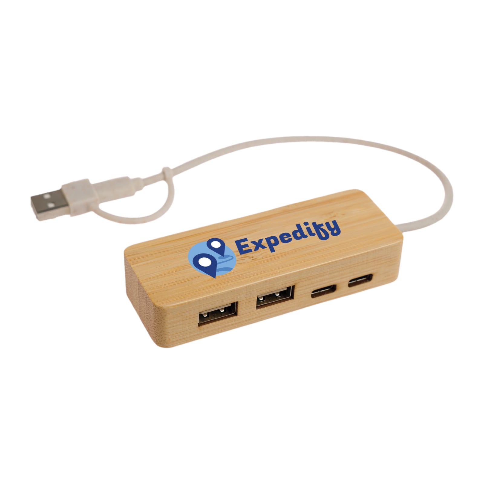 A USB hub made of bamboo, featuring three USB ports and a logo that reads 