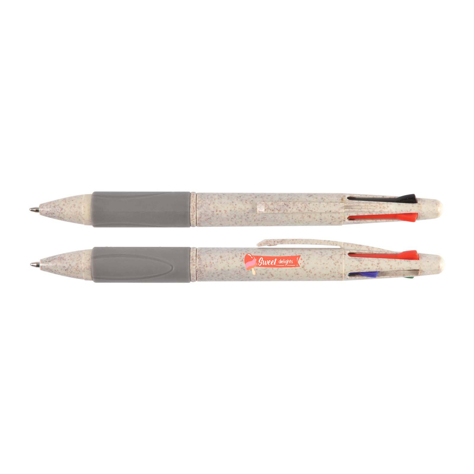 A pen featuring four colors: black, blue, red, and green, with a speckled gray barrel and a branding logo.