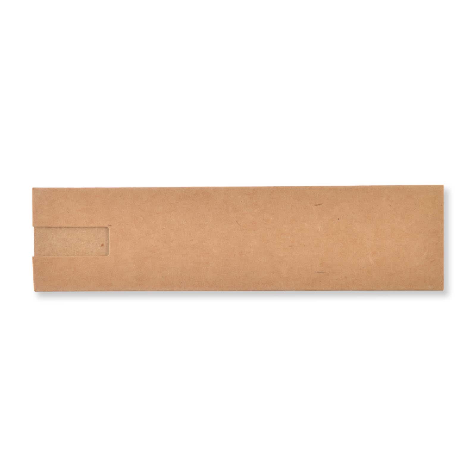 A cardboard box designed for packaging a pen, featuring an open slot on one side for easy access.