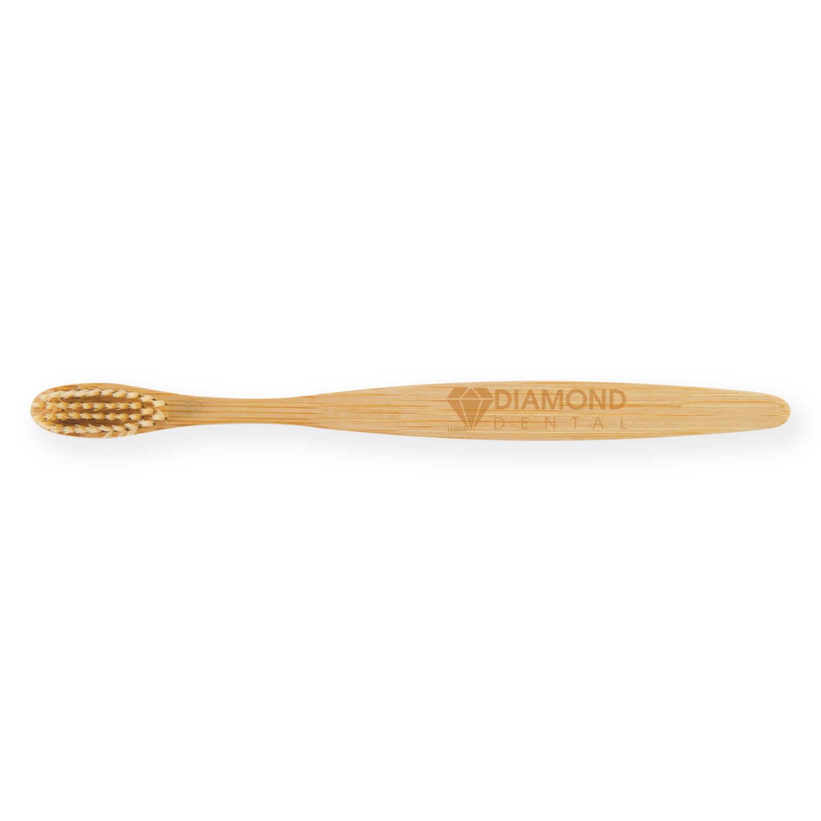 A bamboo toothbrush featuring a sleek design, with a logo engraved on the handle.