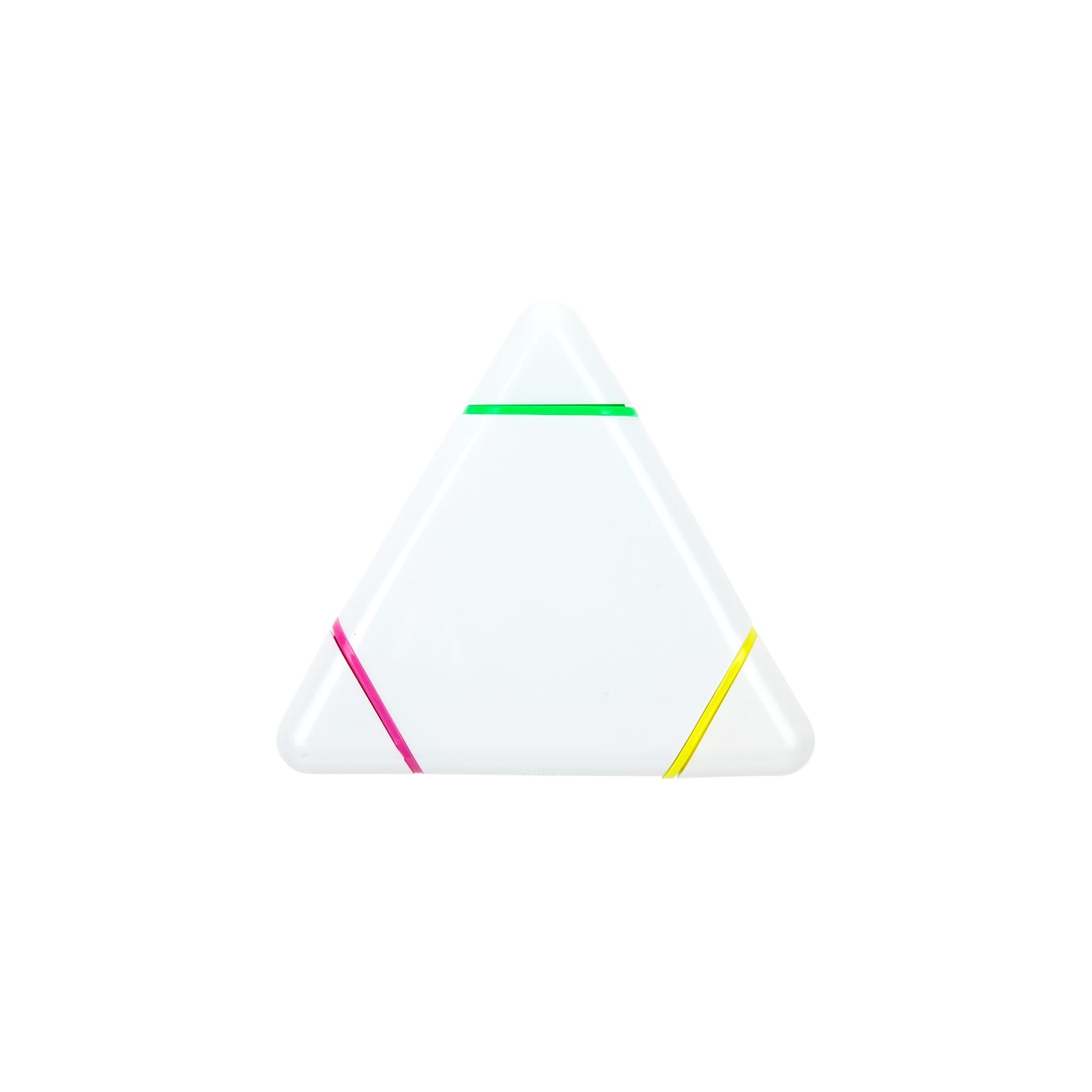 A triangular highlighter with pink, green, and yellow stripes.