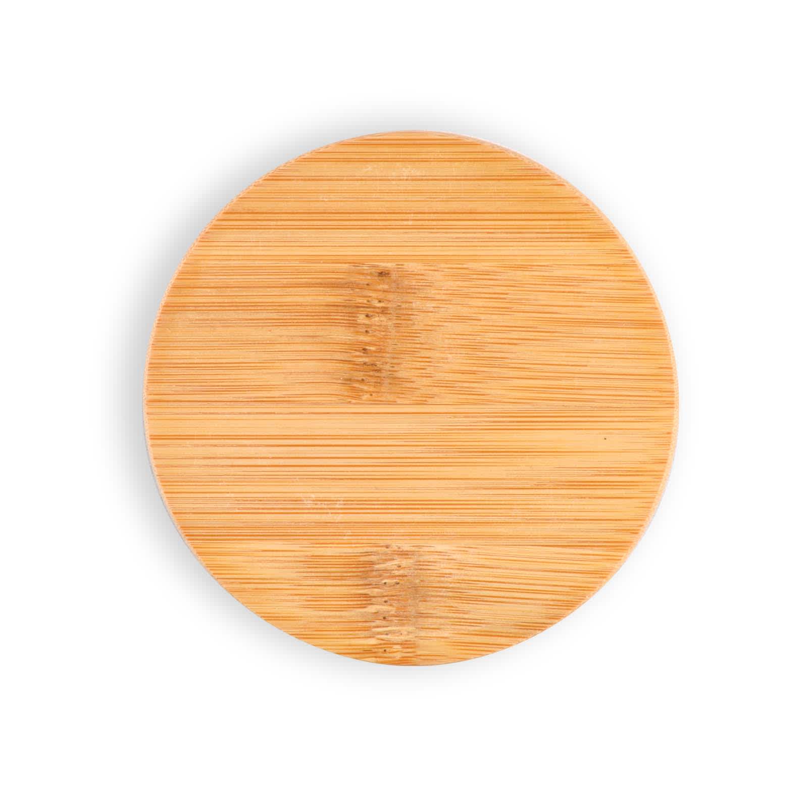 A bamboo coaster designed to hold drinkware. It features a smooth, round surface with two grooves for stability.