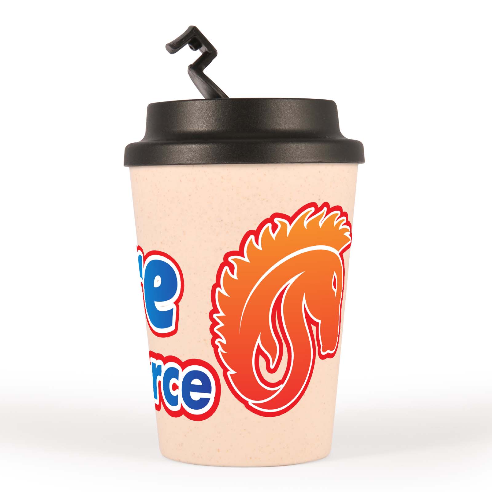 A reusable coffee cup in beige with a black comfort lid and a logo.