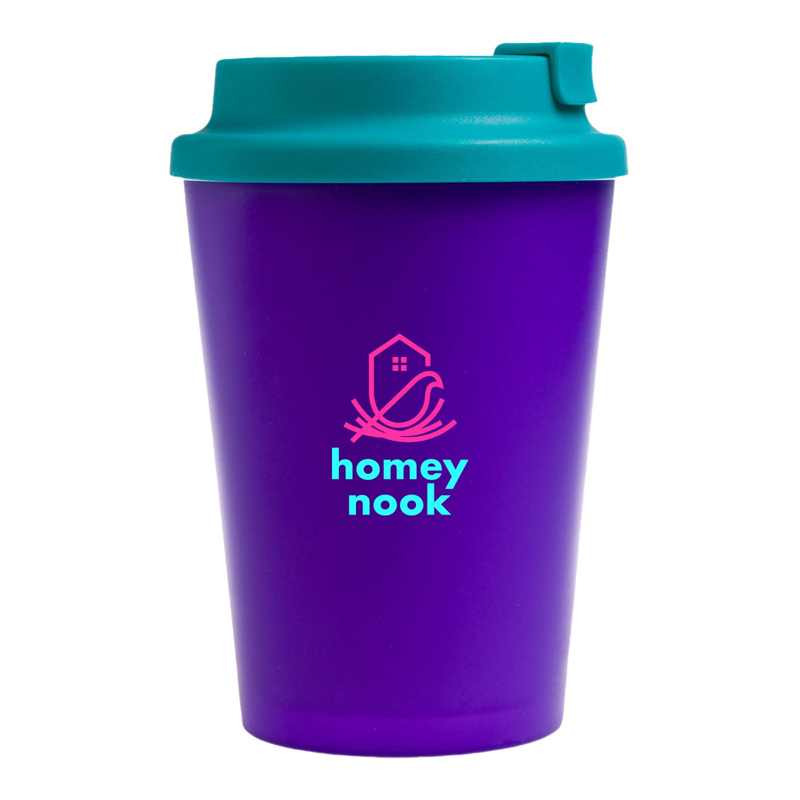 A reusable coffee cup with a vibrant purple body and a teal comfort lid, featuring the logo 