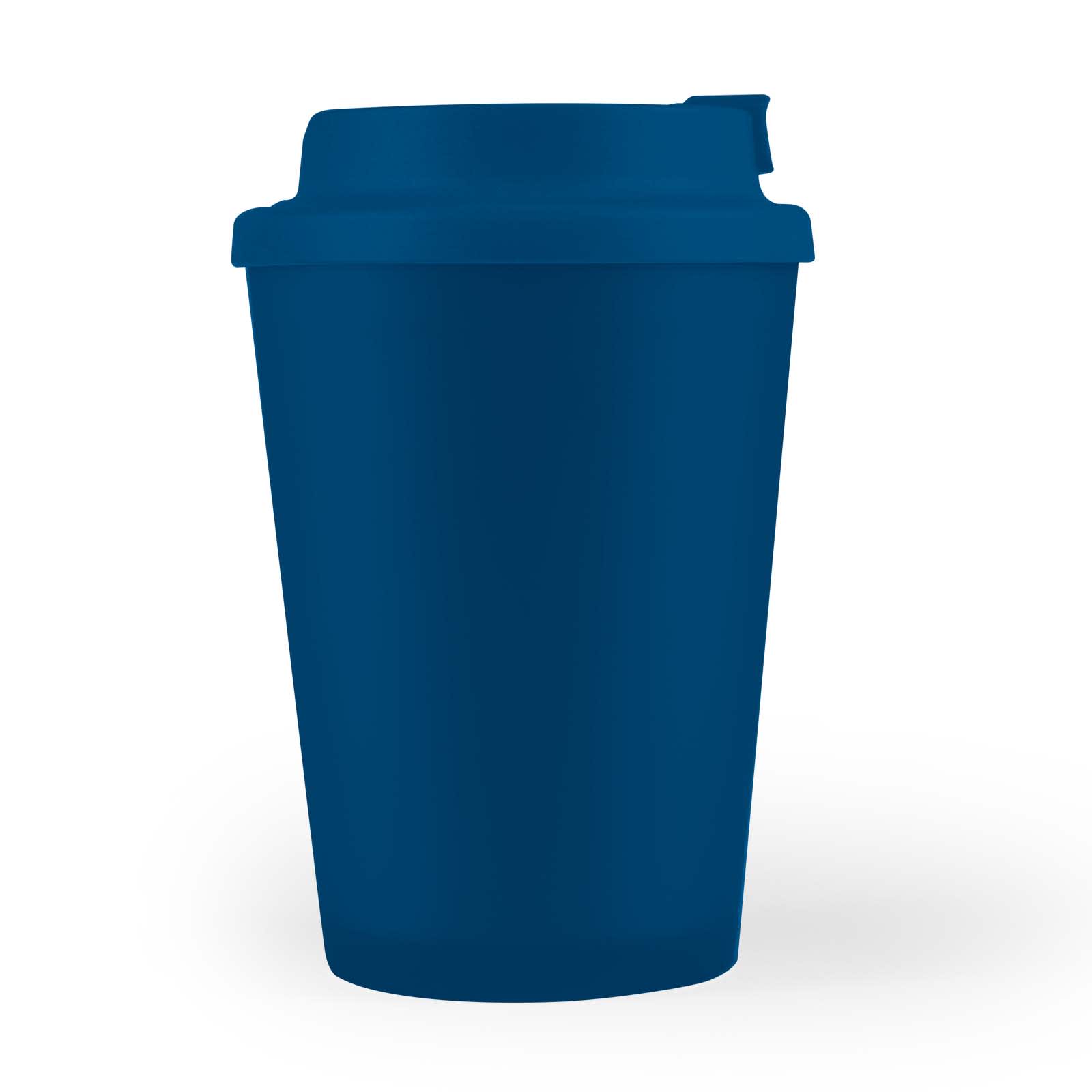 A reusable coffee cup in a deep navy blue color, featuring a comfort lid design.