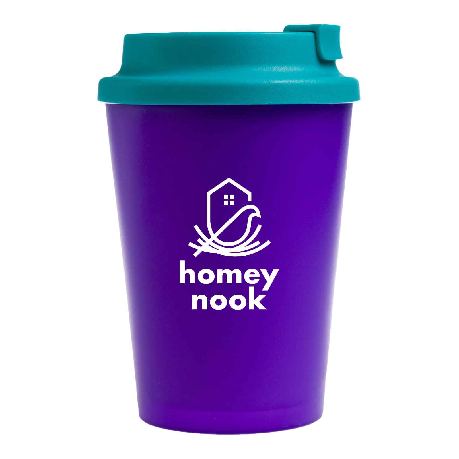 A reusable coffee cup with a purple body and a teal comfort lid, featuring the logo 