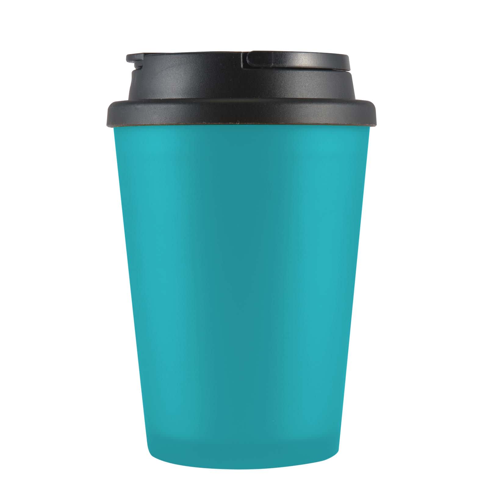 A drink cup in a teal color with a black lid, designed for holding beverages.