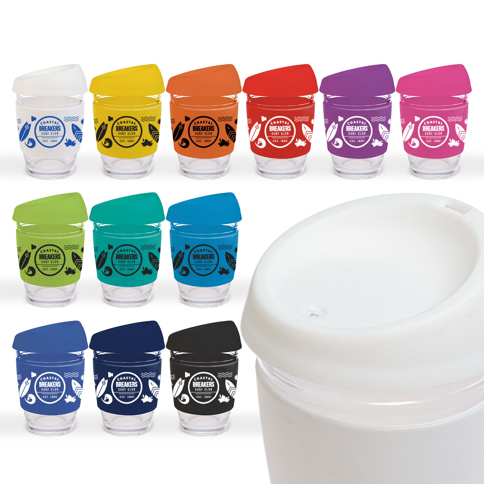 A collection of reusable coffee cups in various colors with silicone lids, each featuring a unique design and a logo.