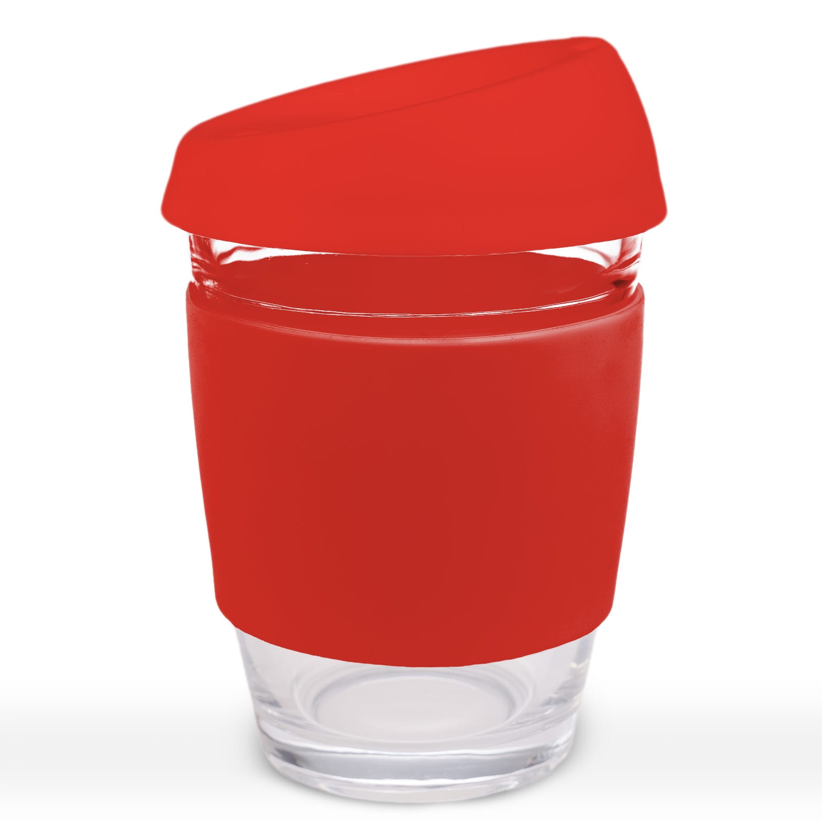 A reusable coffee cup with a transparent glass body and a bright red silicone lid and sleeve.