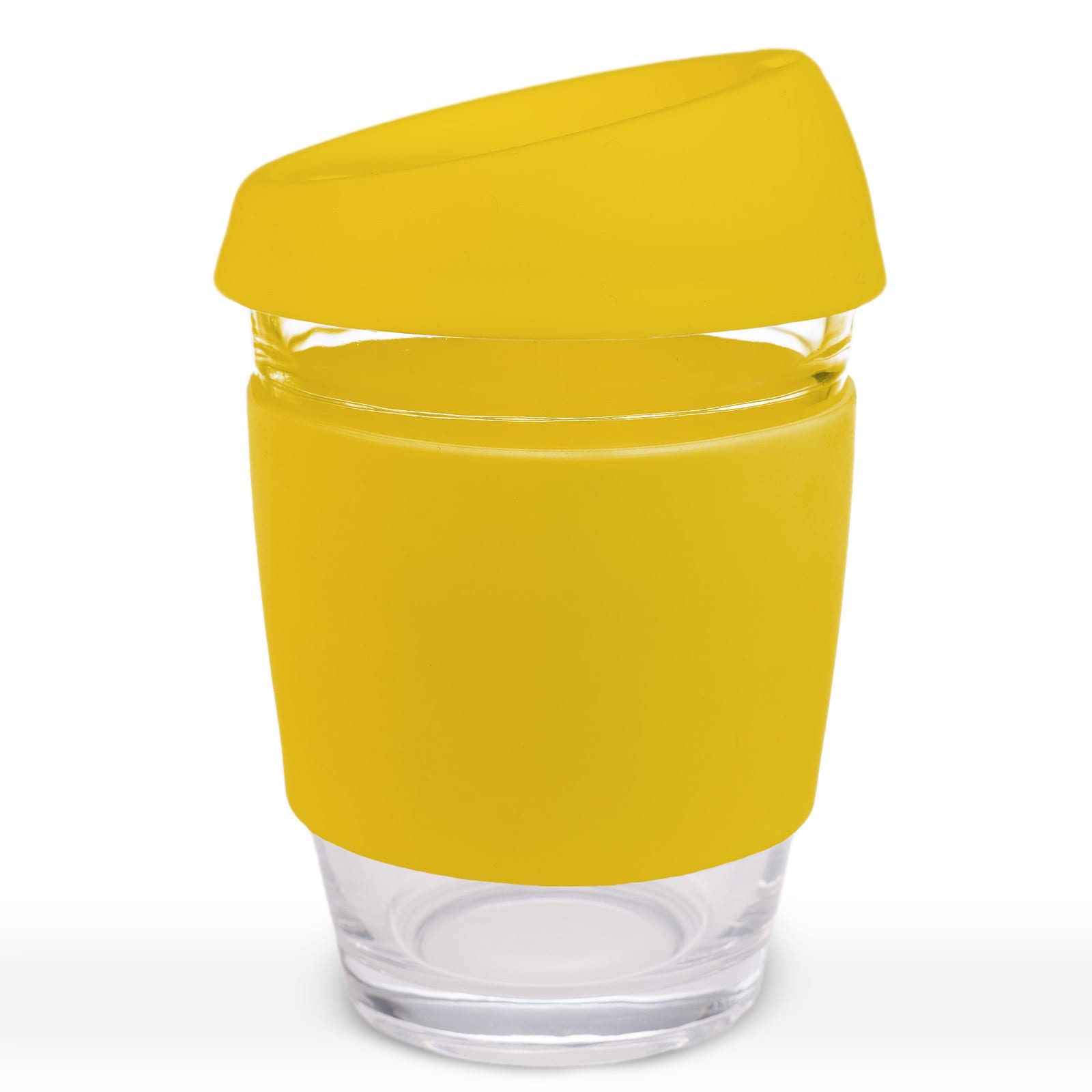 A reusable coffee cup with a clear glass body and a bright yellow silicone lid and sleeve. Features a logo.