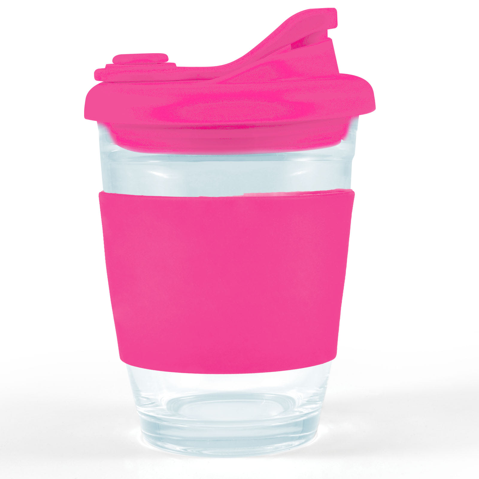 A reusable coffee cup with a transparent glass body, a bright pink silicone sleeve, and a matching snap lid.